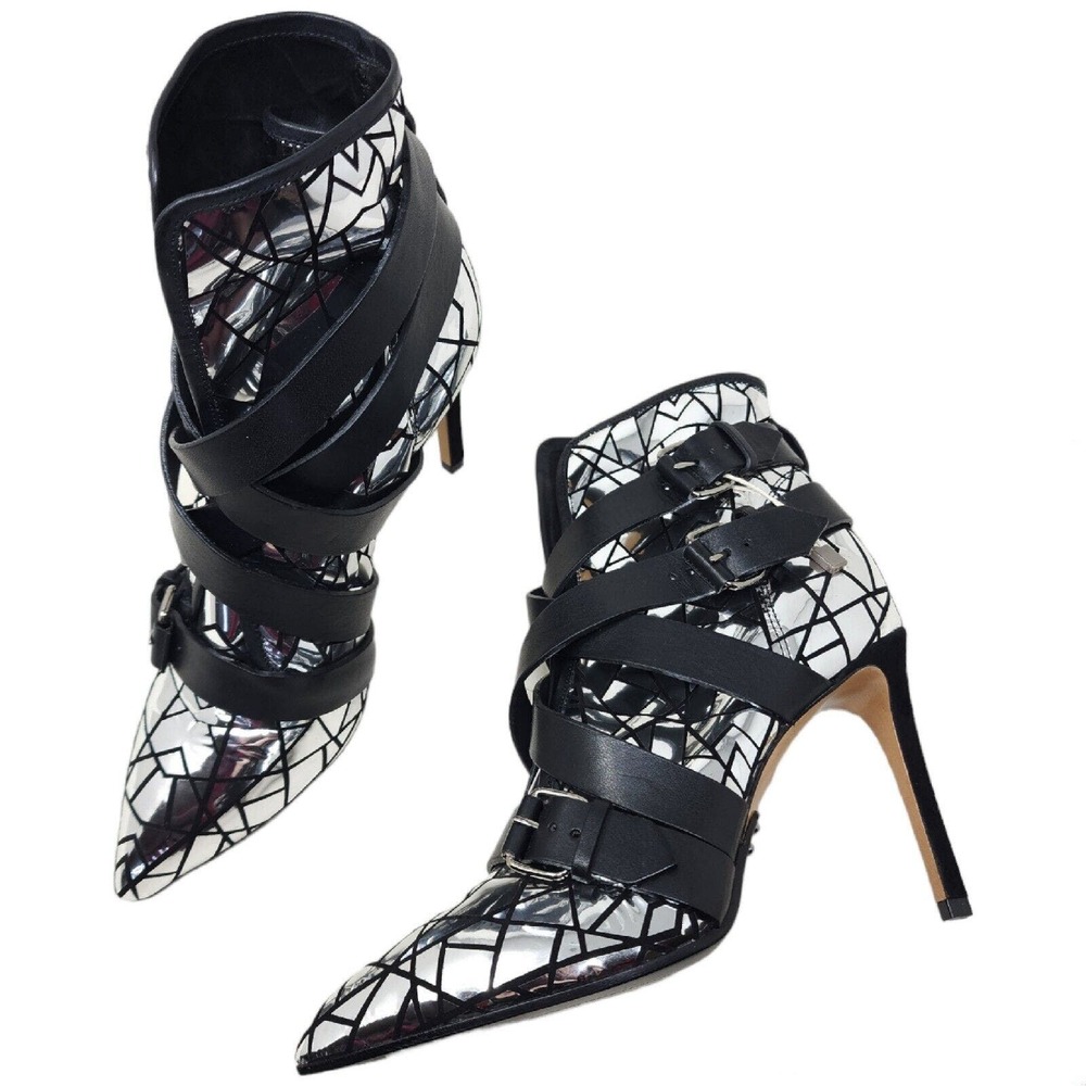 Balmain Paris Womens Boots Jackie Mosaic Silver Metallic Strappy Ankle Heel 37 7